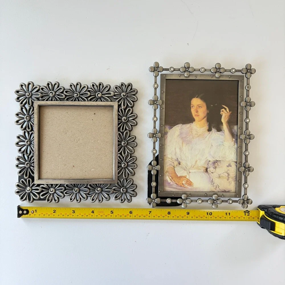Elsa L Pewter Tone Metal Picture Frame Set Daisy and Rhinestone Clover 4x6 3x3